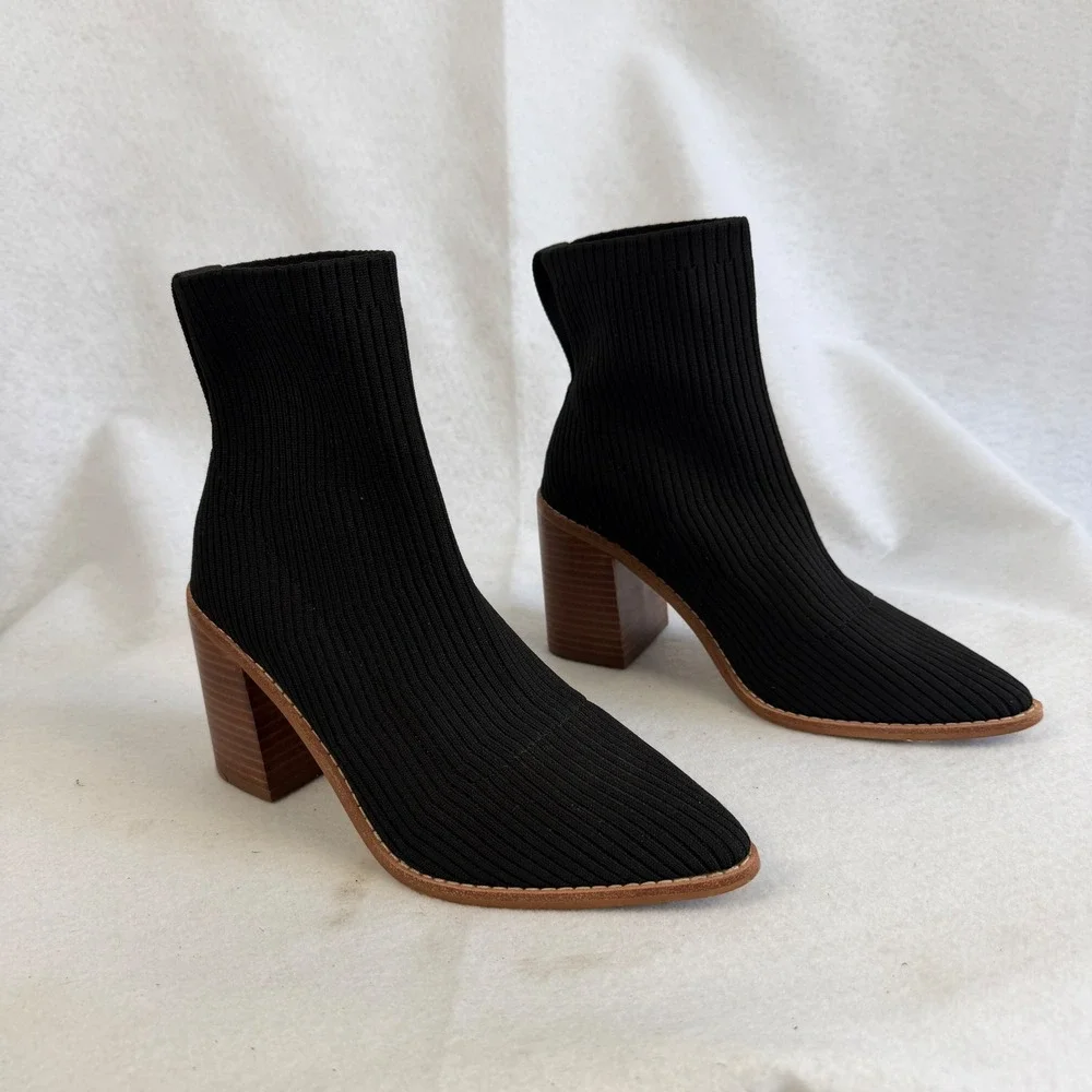 Steven New York Nichol Black Ribbed Knit Sock Bootie Pointed Toe Block Heel Sz 8